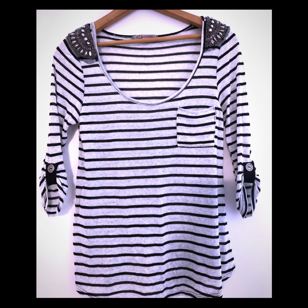 Embellished 3/4 Sleeve Striped Top